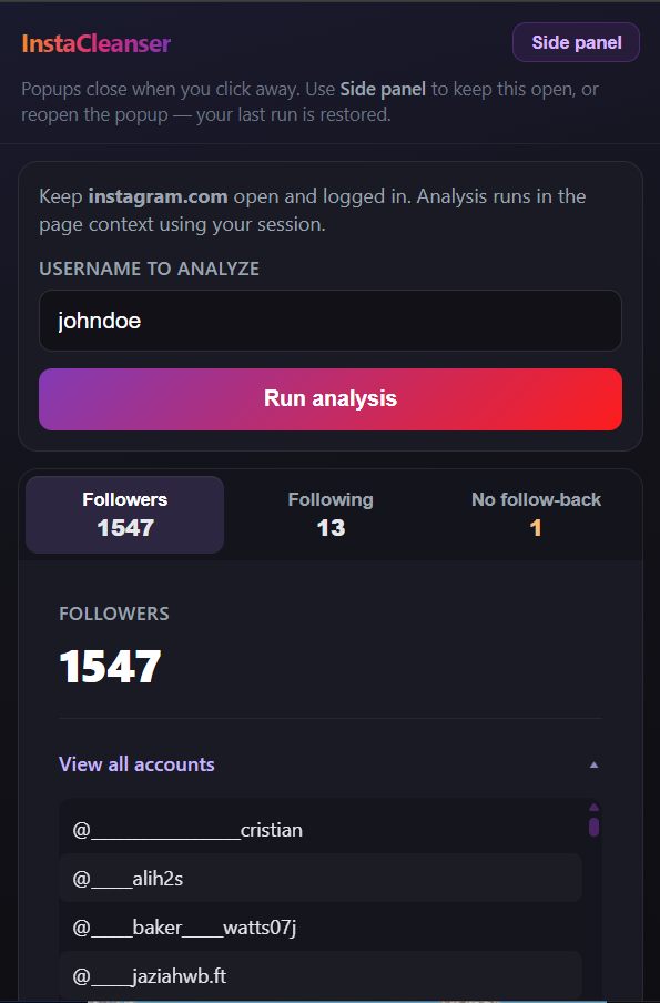 InstaCleanser main view: stats, Followers tab selected, scrollable account list