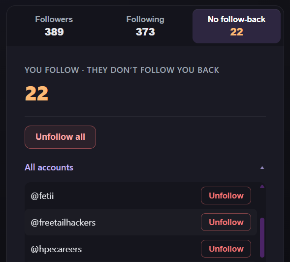 InstaCleanser Don’t follow back tab with unfollow and Unfollow all controls